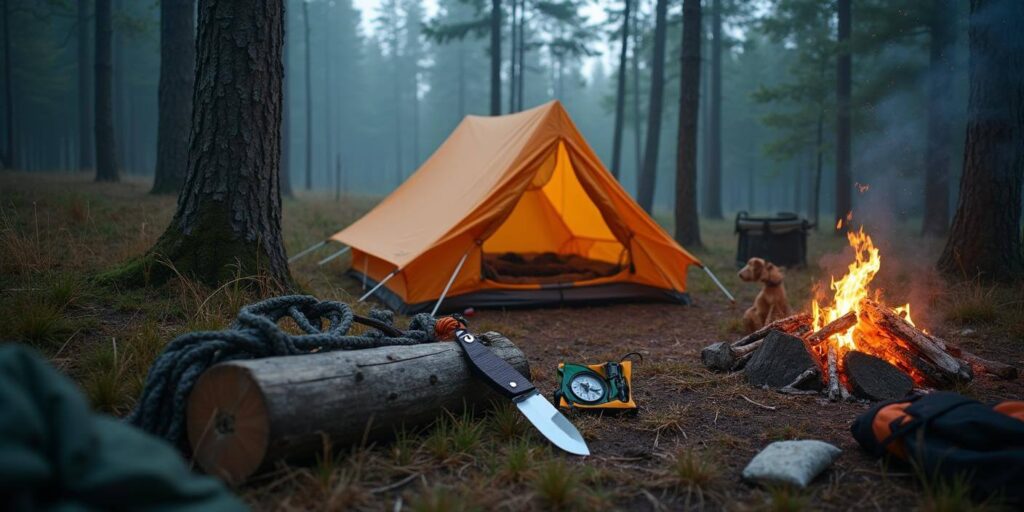 Weekendowy survival camp z namiotem i nożem jako prezent dla faceta lubiącego przygodę.