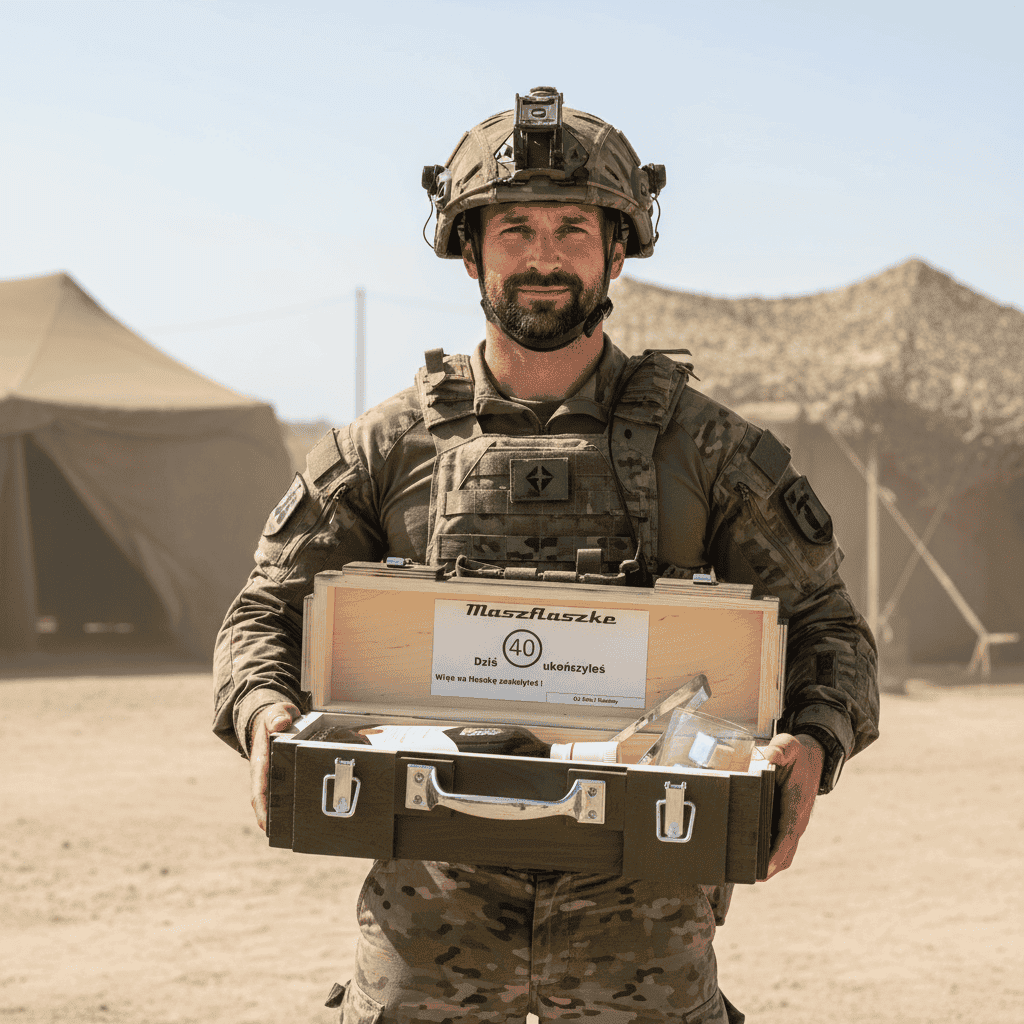 Prezent dla wojskowego – elegancka skrzynka na whisky z dedykacją