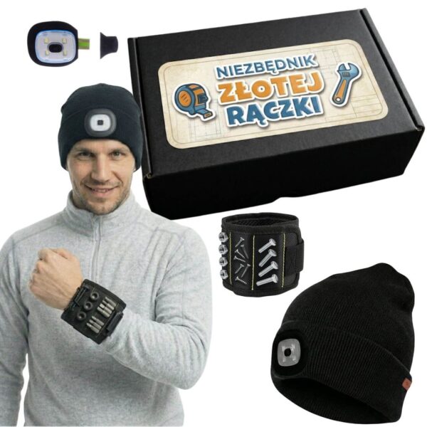 Zestaw Gadżetów do Warsztatu: Czapka z Latarką USB i Opaska z Magnesami C02
