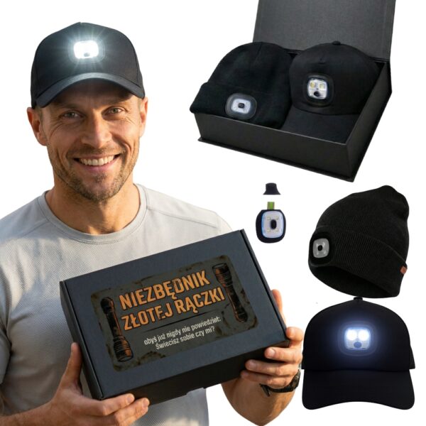 Zestaw Prezentowy dla Mężczyzny: Dwie Czapki z Latarką LED USB (Zima + Lato) C03
