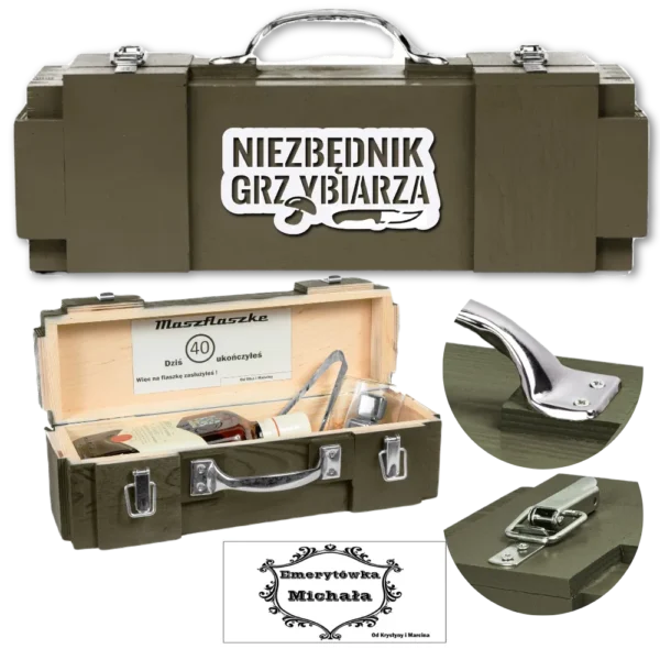 Prezent dla grzybiarza – 6 oryginalnych pomysłów dla leśnego zbieracza 5 Can-Bar Niezbędnik Grzybiarza solidna skrzynka na alkohol – prezent dla grzybiarza z drewna