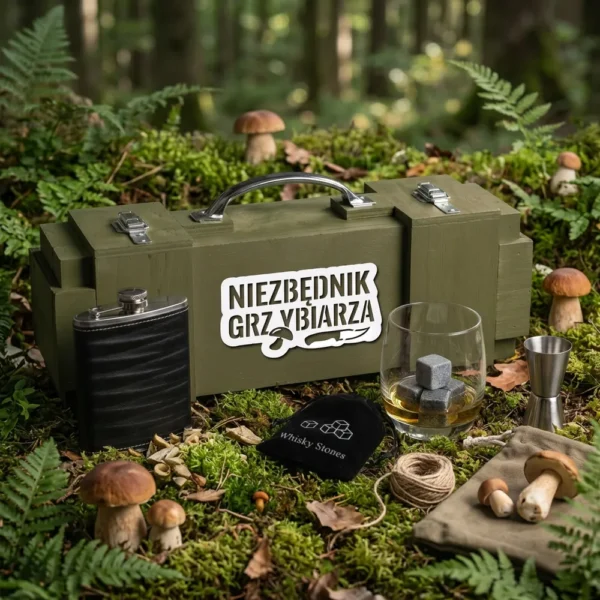 Prezent dla grzybiarza – 6 oryginalnych pomysłów dla leśnego zbieracza 3 Can-Bar Niezbędnik Grzybiarza Premium – drewniana skrzynka na alkohol z akcesoriami, prezent dla grzybiarza