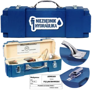 Drewniana skrzynka na alkohol Niezbędnik Hydraulika – upominek dla hydraulika Can-Bar