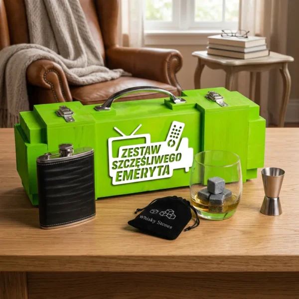 Oryginalny prezent dla emeryta – Skrzynka na alkohol – Zestaw Szczęśliwego Emeryta - ZESTAW PREMIUM
