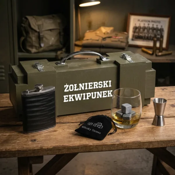 Prezent dla żołnierza odchodzącego na emeryturę - Skrzynka na alkohol – Żołnierski Ekwipunek  ZESTAW PREMIUM