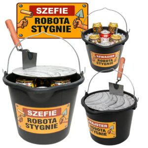 Śmieszny prezent dla szefa – wiadro 5L z napisem SZEFIE ROBOTA STYGNIE, pokrywą z zaprawą i kielnią-otwieraczem