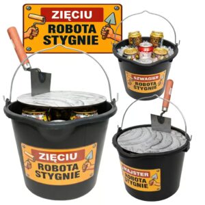 Śmieszny prezent dla zięcia – wiadro 5L z napisem ZIĘCIU ROBOTA STYGNIE, pokrywą z zaprawą i kielnią-otwieraczem